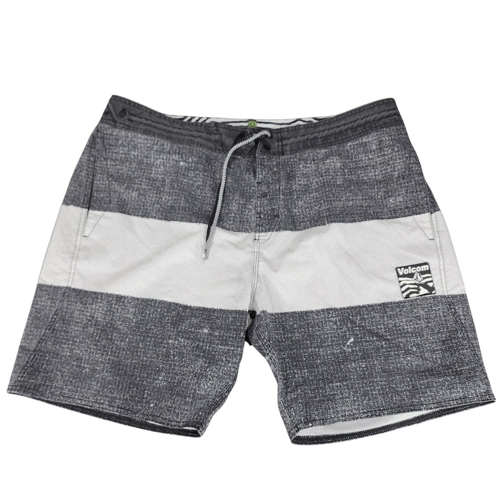 Volcom Stoneys Board Shorts sz 38 Men Cinch Fly Stripe Faded Black Inseam 8" 19"